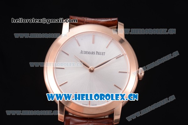 Audemars Piguet Jules Audemars Clone AP Calibre 3120 Automatic Rose Gold Case with Stick Markers Silver Dial and Brown Leather Strap - Click Image to Close